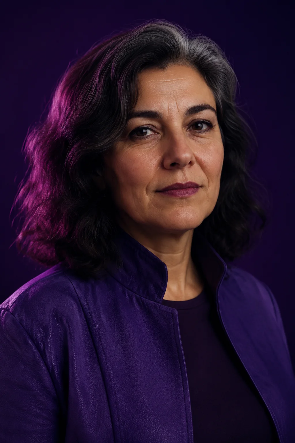 Retrato de Marta Bonet, maestra marroquinera, sobre fondo violeta