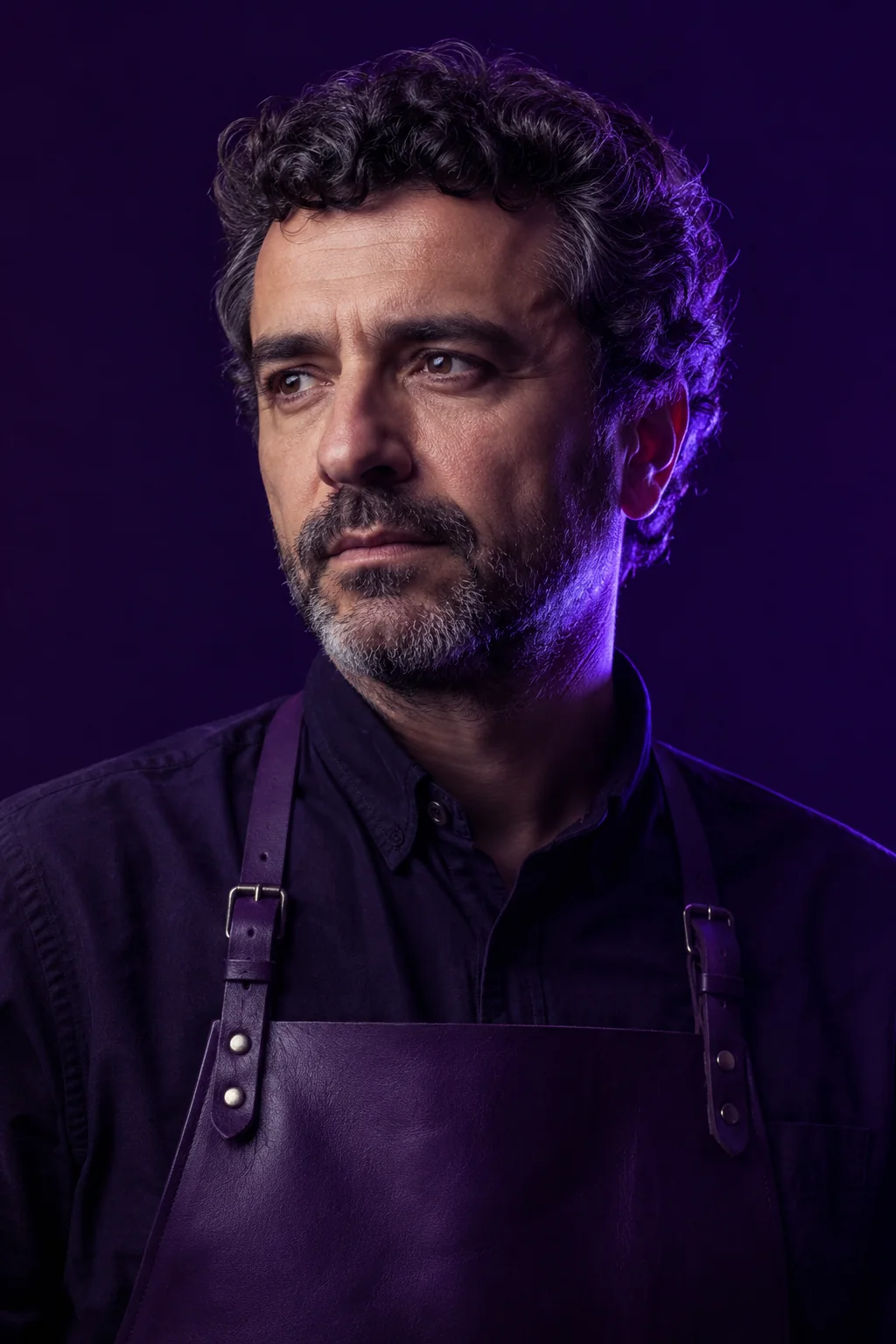 Retrato de Sergi Alemany, artesano de corte, sobre fondo violeta