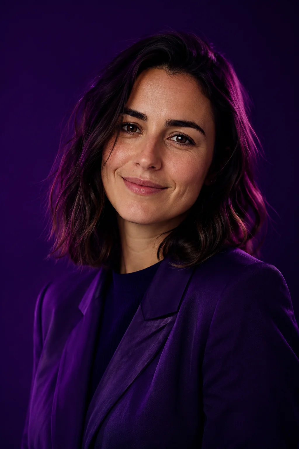 Retrato de Nadia Roca, diseno y acabados, sobre fondo violeta