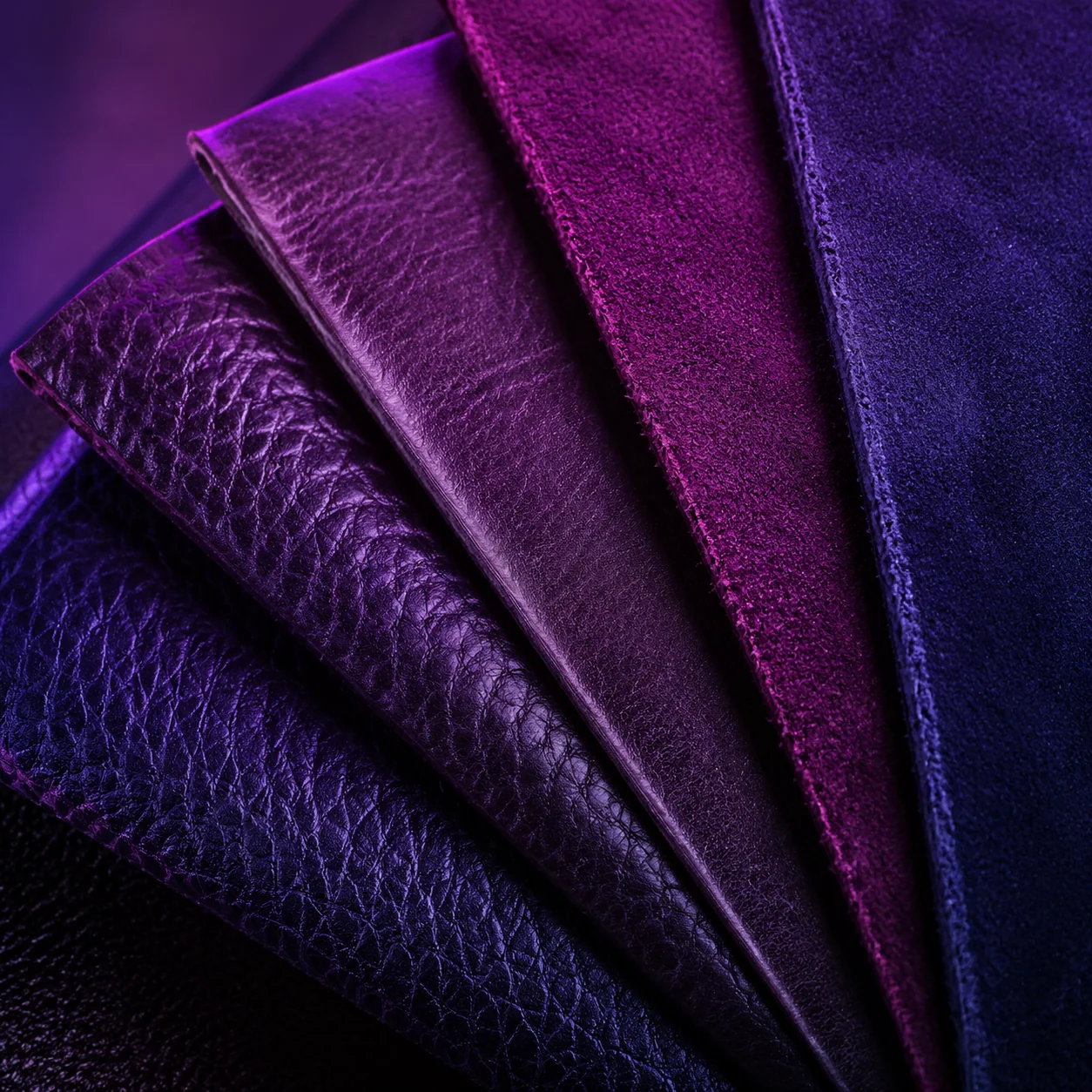 Muestras de ante y piel plena flor en colores oscuros con luz violeta