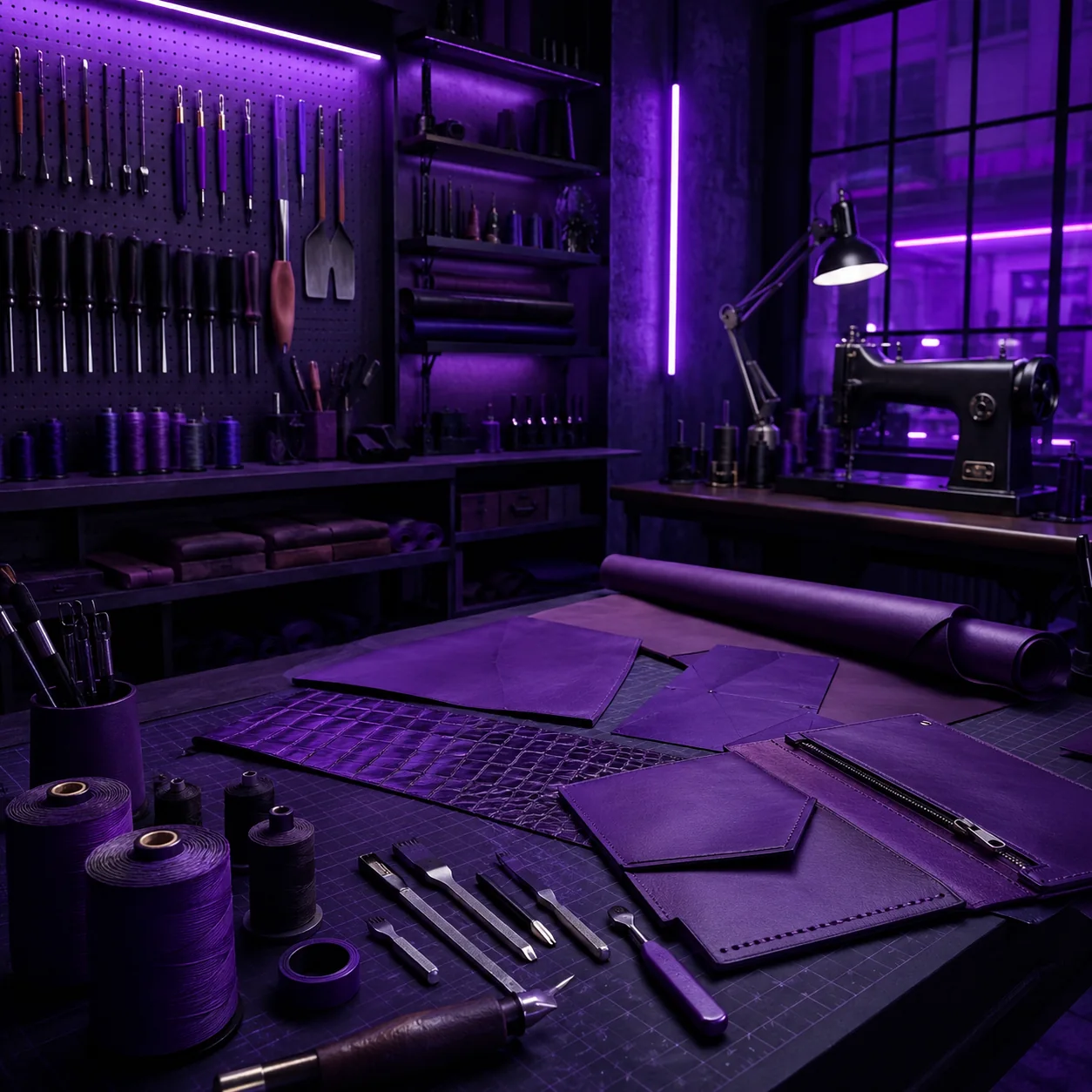 Interior del taller de marroquineria con herramientas bajo luz neon violeta